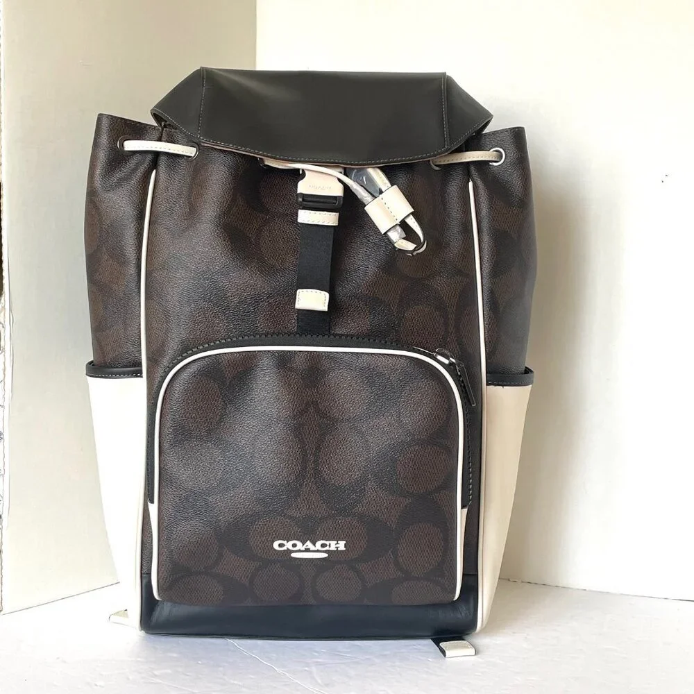 Coach Racer Backpack Colorblock Signature Canvas Leather Walnut Chalk CY775 - Picture 9 of 10